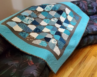 Small lap quilt, Baby Quilt, Table Quilt 52 x 60 Wall Lap Table Quilt in Teal, Brown and ivory. 100% Premium Quilting Cotton Fabric & back.