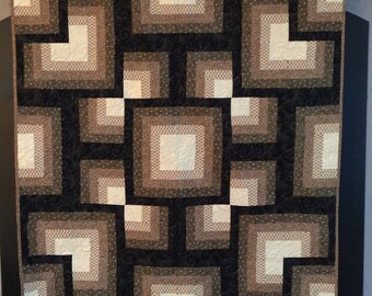 54 x 71 Fall Quilt Wall Table Topper Cotton. Mild Halloween shades in blacks, browns and cream as neutral. Feathery vines quilting.