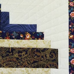 Log Cabin Cross 30 x 40 Wall Lap Table Small Quilt in Navy Blue Gold Metallic and Cream 100% Cotton Fabric. Features Sun Ray's quilting. image 4