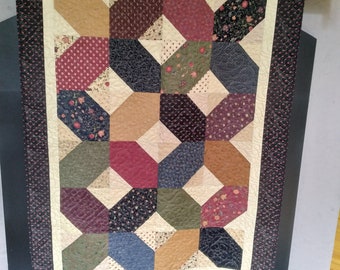 50 x 68 Fall Quilt, Wall, Table Topper. Premium Cotton fabric in multiple shades of blues, dark reds, greens and tans as neutral.