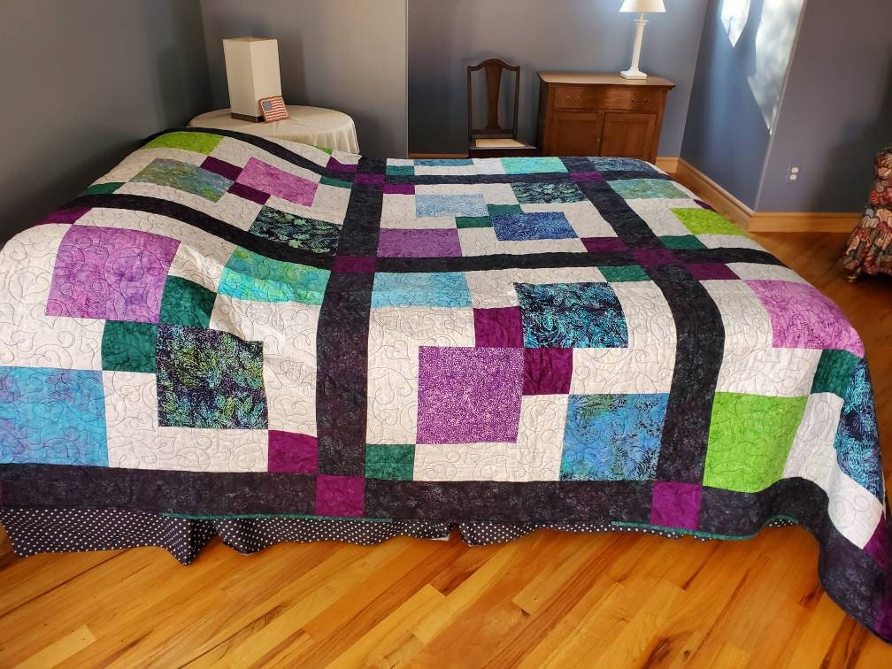 Large Bed Quilt 102x102 Inches, Batiks Fabrics With in Blues, Teal ...