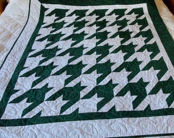 56x65 Wall, Throw, Lap, Modern Quilt,in 3D pattern. 100% Cotton, in green and red solids. Michigan State. From Pet free and smoke free home.