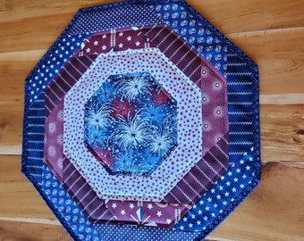 21x22.5 Quilted Americana, 4th of July Holiday Octagon Centerpiece Patriotic Table Topper, made in Dk Red, Navy Blue and White.