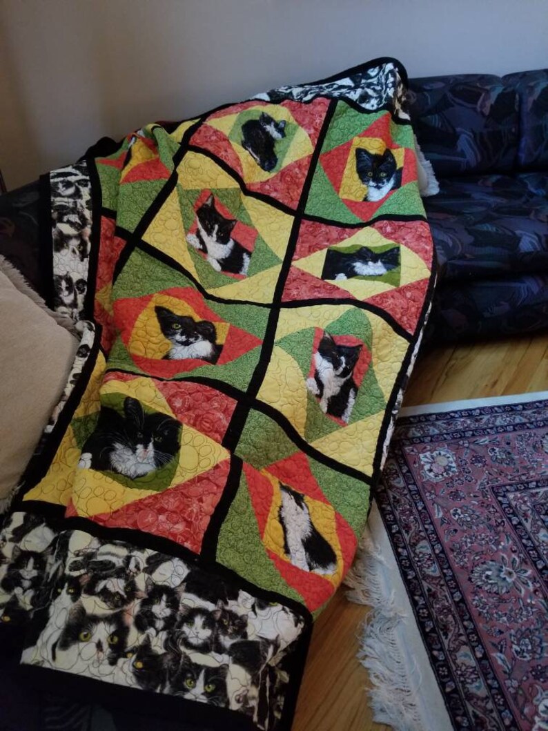 63x88 Large Lap Throw Quilt Tuxedo Cats kittens in bright Etsy
