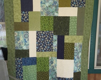 Large Lap Throw Quilt, 58x73 in a  Block pattern of Green, blue and cream. Pet free/smoke free home.