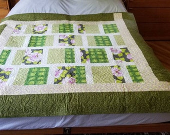 Large Lap Throw Quilt, 62x64 in a  Block pattern of Green, pink and cream, with leaves quilting design. Pet free/smoke free home.