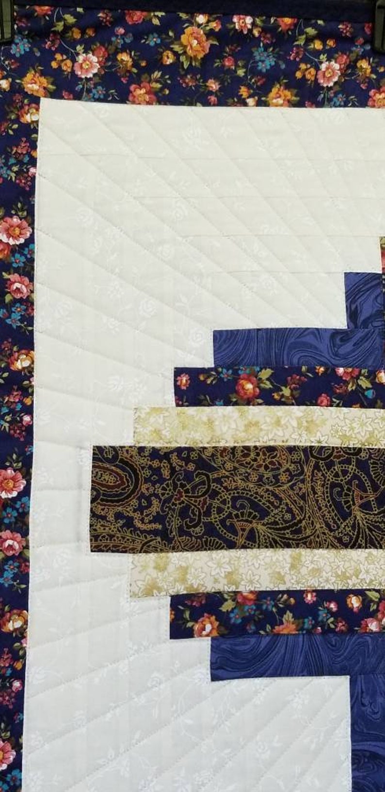 Log Cabin Cross 30 x 40 Wall Lap Table Small Quilt in Navy Blue Gold Metallic and Cream 100% Cotton Fabric. Features Sun Ray's quilting. image 3