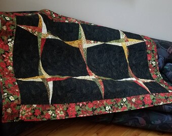 46 x 65  Christmas Quilt Wall Table Topper Cotton. Holiday Flourish. fabrics by Robert Kaufman. Red, green, black n Gold. Poinsettia.