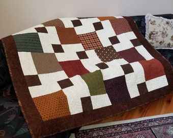 62 x 62 Fall Quilt Wall Table Topper Cotton. Henry Glass in rust, brown, gold and green prints with cream accent n gold backing.