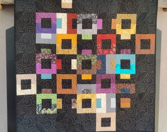 55 x 55 Fall Quilt Wall Table Topper. Premium Cotton fabric in multiple shades of teal, gold, purple, multi, black as neutral. Clear tones.