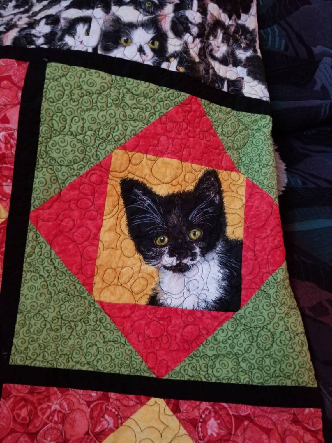 63x88 Large Lap Throw Quilt Tuxedo Cats kittens in bright Etsy