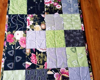 18.5 x 45.5 Quilted Table Topper, Runner, Modern. 100% Quilt quality Cotton. Prints in black gray rose pink and fresh green.