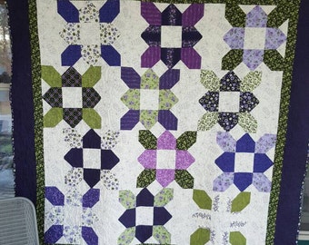 Large Lap Quilt throw 66x66 inches, Fresh Lilacs by Debbie Beaves for Maywood Studios in the Prairie Flower Block. Pet free/smoke free home.