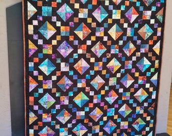 Large Bed, Lap, Throw Quilt 58 x72 inches Made in Earthy Rusts, Golds, Teals, Blues & Greens, Prem. Cotton Fabric. Pet free/smoke free home.