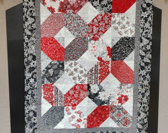 50 x 69 Christmas Poinsettia Quilt, Wall, Table Topper. Premium Cotton fabric in multiple shades of Gray, reds, black and white as neutral.