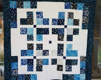 Christmas Winter Snow Flakes Lap Quilt throw 63x63 inches, Artisan Batiks, Noel 4, Metallic blues w white. Pet free and smoke free home.