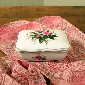 Ceramic Trinket Dish, Vintage Footed Dish with Lid, Pink Roses