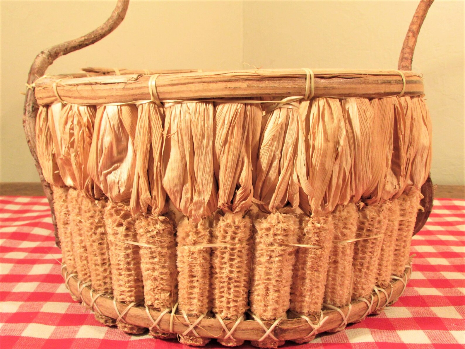 Corn Cob Basket Vintage Hand Woven Basket With Curly Handle Etsy