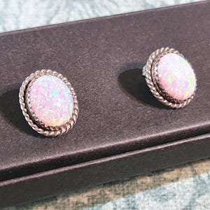 Vintage Fire Opal and Sterling Earrings, Cabochon Stud-Back Earrings