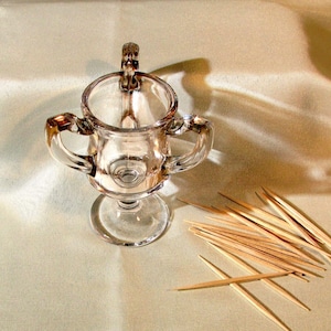 May include: A clear glass cup with two handles, resembling a trophy, sits on a white surface. A pile of wooden toothpicks are scattered around the cup.