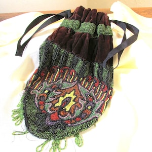 Antique Beaded Drawstring Purse, Vintage Microbead Wristlet Bag