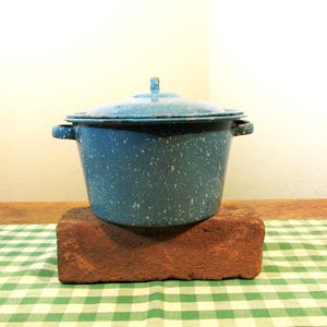 May include: A vintage blue speckled enamelware pot with a lid, resting on a red brick. The pot has two handles and a small knob on the lid. The pot is sitting on a brick, with a green and white checkered tablecloth in the foreground.
