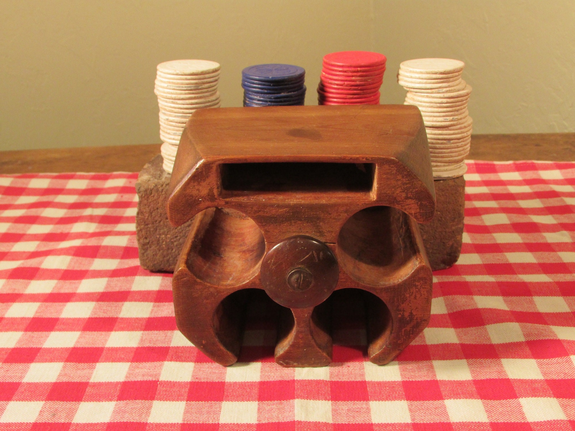 Vintage Poker Chips in Wooden Rack Game Tokens in Storage Etsy