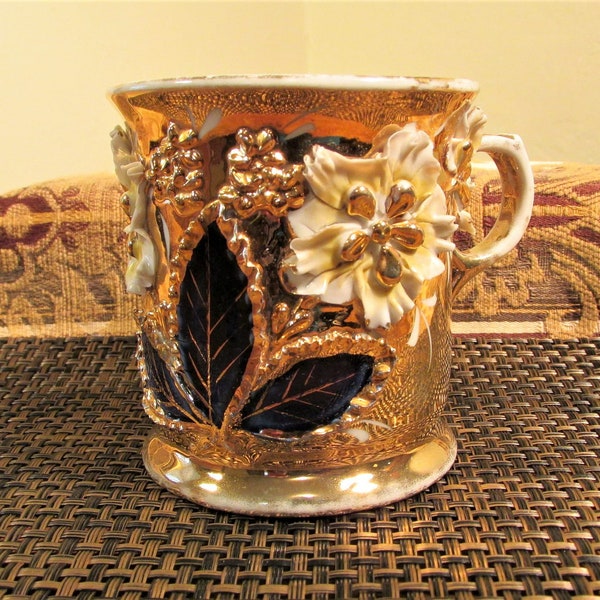 Antique German Shaving Mug, Gold Gilt Cup with Applied Flowers