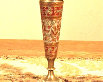 Etched Brass Vase with Red Enamel Accents