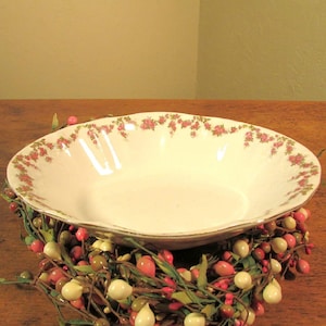 Antique Porcelain Vegetable Bowl, White Dish with Pink Roses