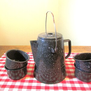 Graniteware Camp Coffee Pot and Cups, Black & White Speckled Enamelware