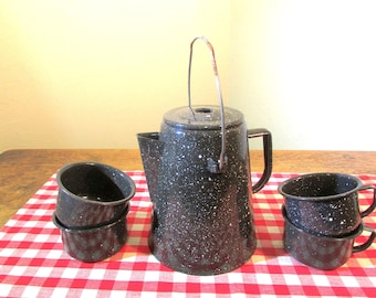 Graniteware Camp Coffee Pot and Cups, Black & White Speckled Enamelware