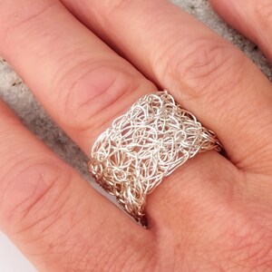 Silver adjustable ring, crochet band ring, handmade statement ring, wire mesh ring image 3
