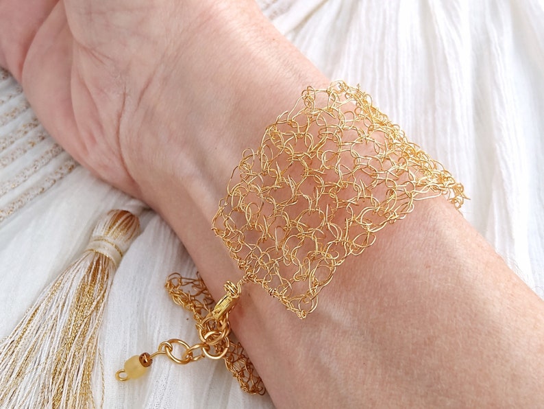 Gold wire crochet bracelet, woven statement cuff, intricate adjustable bracelet image 3