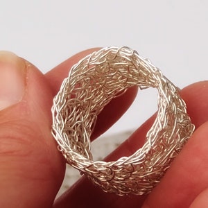 Silver adjustable ring, crochet band ring, handmade statement ring, wire mesh ring image 6
