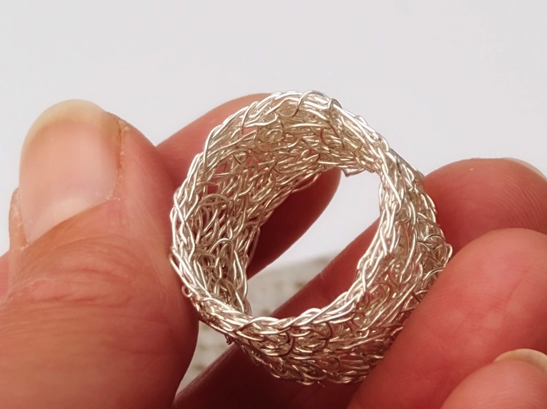 Silver adjustable ring, crochet band ring, handmade statement ring, wire mesh ring image 6