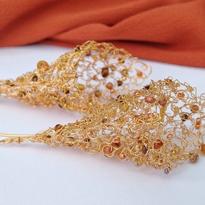 Gold ‘Giglio’ beaded earrings; Gold, bronze, copper statement earrings; Handmade wire crochet long earrings; Intricate lace like design