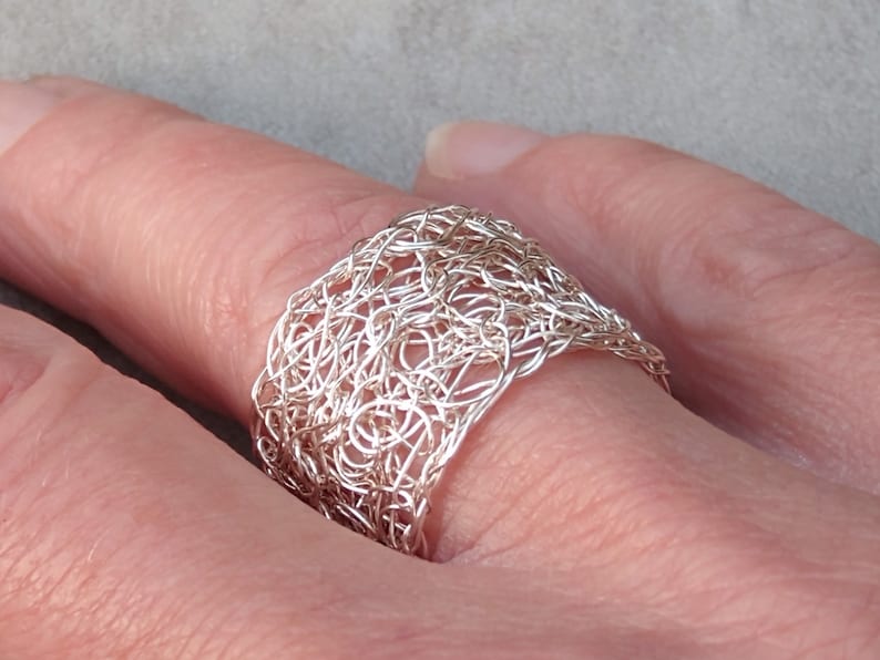 Silver adjustable ring, crochet band ring, handmade statement ring, wire mesh ring image 4