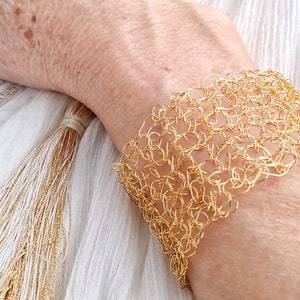 Gold wire crochet bracelet, woven statement cuff, intricate adjustable bracelet image 2