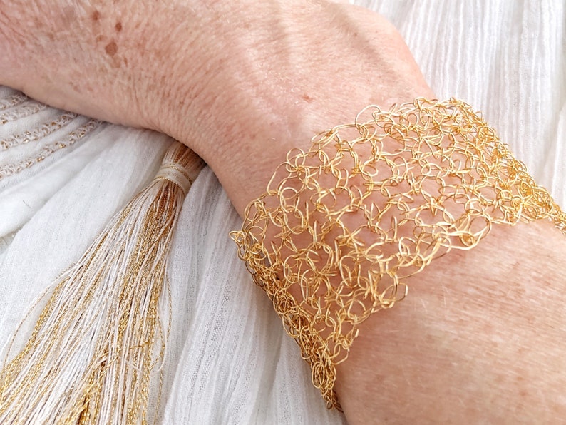 Gold wire crochet bracelet, woven statement cuff, intricate adjustable bracelet image 2