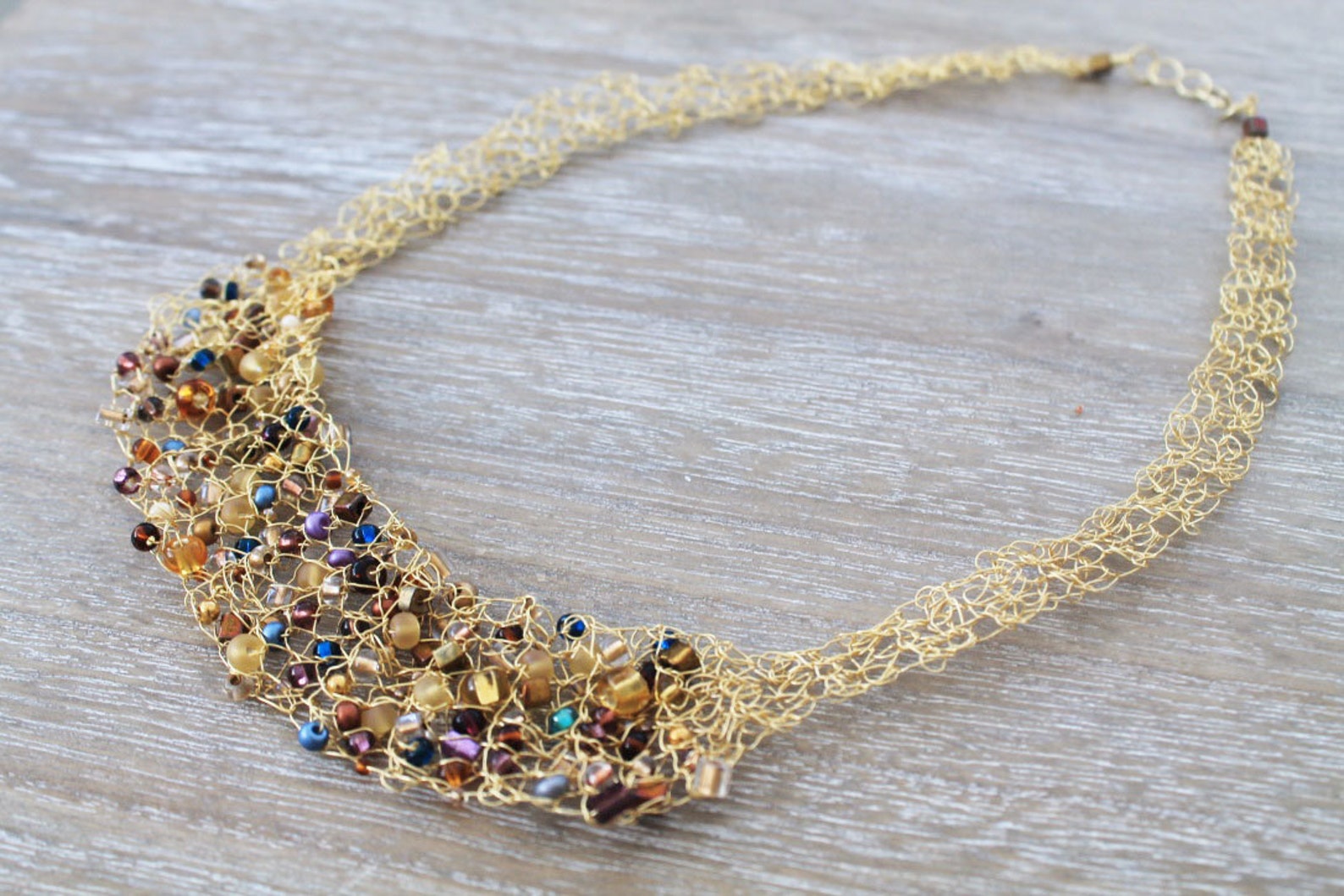 Gold Wire Crochet Necklace, Statement Necklace, Beaded Gold Wire