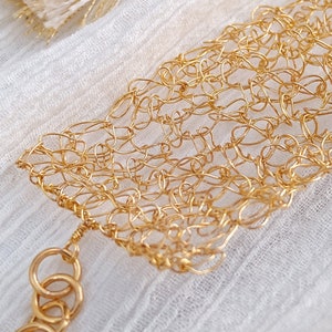 Gold wire crochet bracelet, woven statement cuff, intricate adjustable bracelet image 4