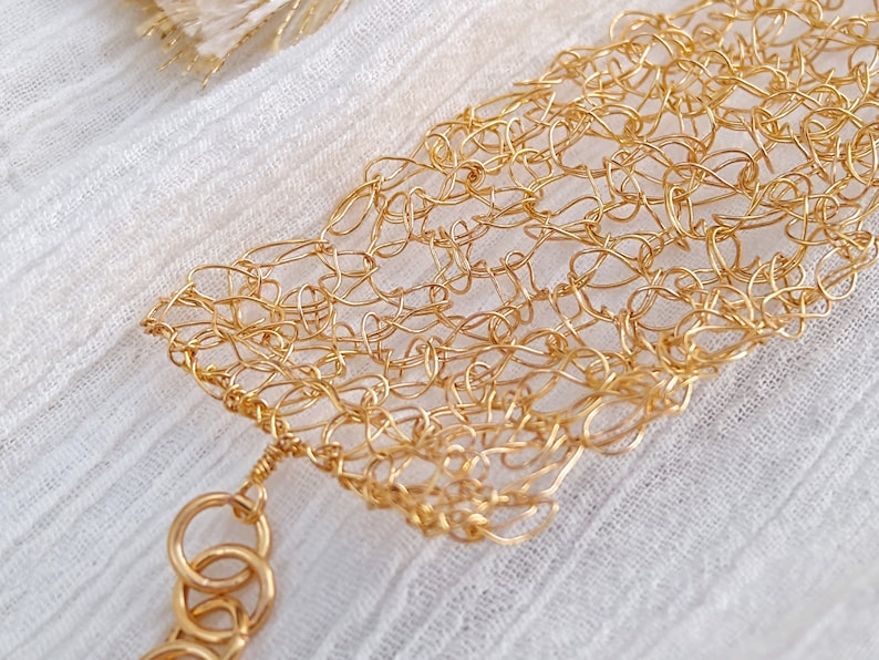 Gold wire crochet bracelet, woven statement cuff, intricate adjustable bracelet image 4