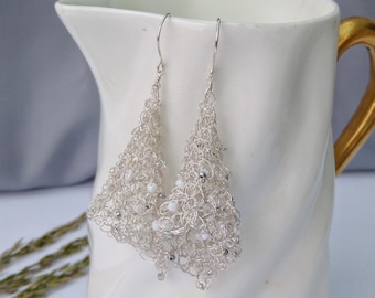 Silver wire crochet earrings, large statement beaded earrings, woven wire