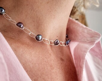 Silver pearl choker, Handmade adjustable 'Salvia' necklace, Pearl necklace, Silver chain with peacock freshwater pearls