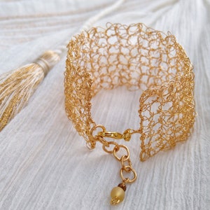 Gold wire crochet bracelet, woven statement cuff, intricate adjustable bracelet image 1