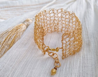 Gold wire crochet bracelet, woven statement cuff, intricate adjustable bracelet