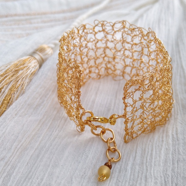 Bracelet au crochet en fil d'or, manchette tissée, bracelet réglable complexe