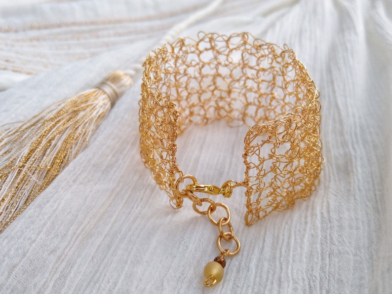 Gold wire crochet bracelet, woven statement cuff, intricate adjustable bracelet image 1