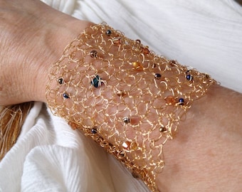 Gold wire mesh statement cuff, handmade crochet wire bracelet embellished with crystals and beads